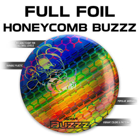 Discraft Buzzz rainbow honeycomb with silver-stamped bee, eye-catching finish and durable performance.