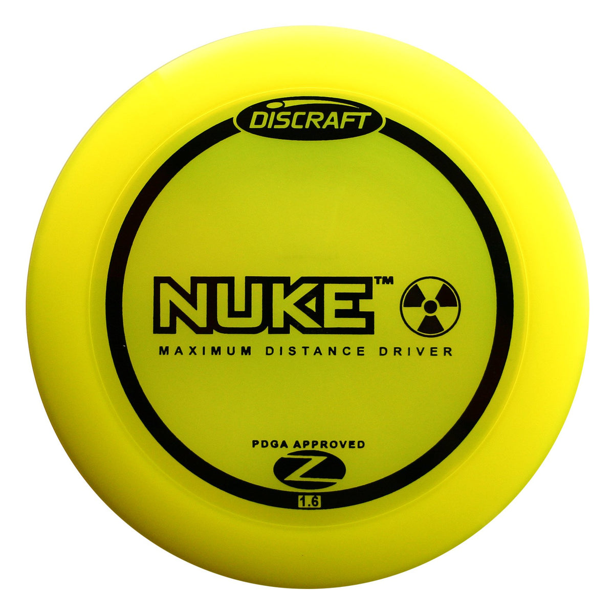 Discraft Nuke Elite Z disc front view showing long-distance potential for experts