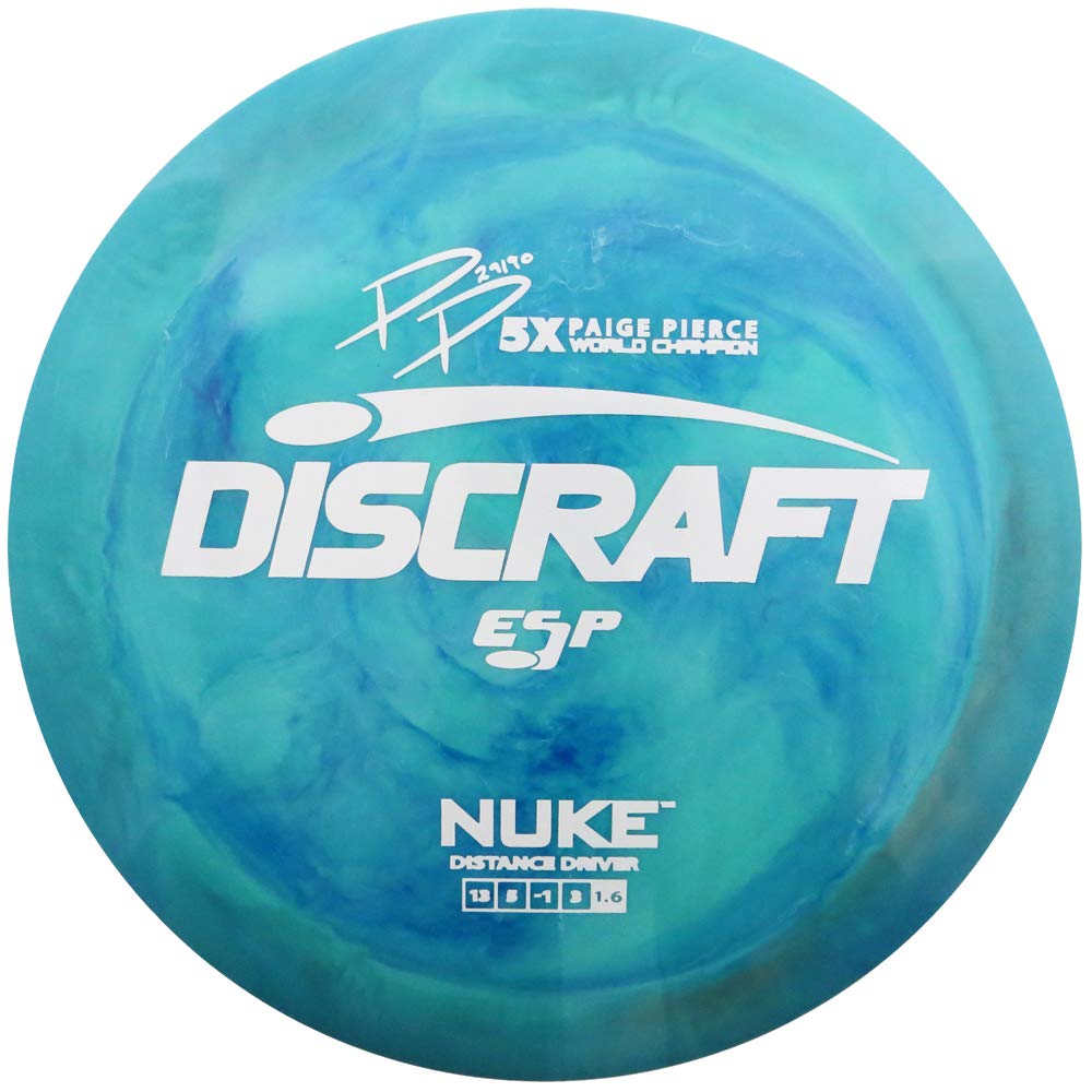 Discraft Paige Pierce Signature ESP Nuke disc in flight, illustrating long-distance potential