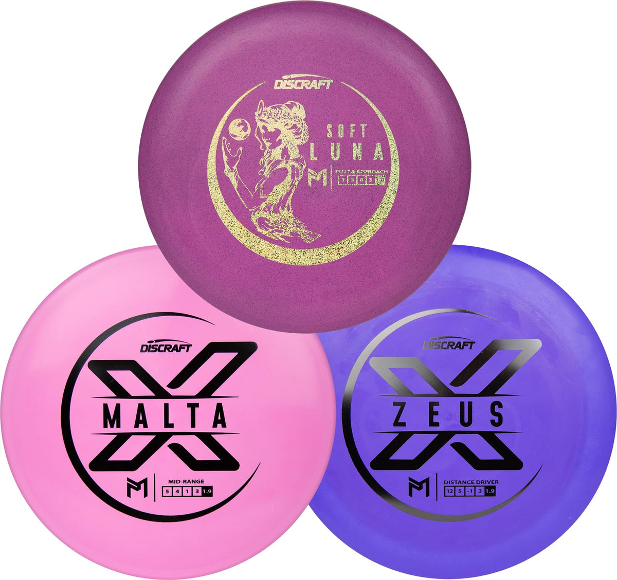 Discraft Paul McBeth 3 Pack pack shot showing Luna, Zeus, and Malta for versatile field practice.