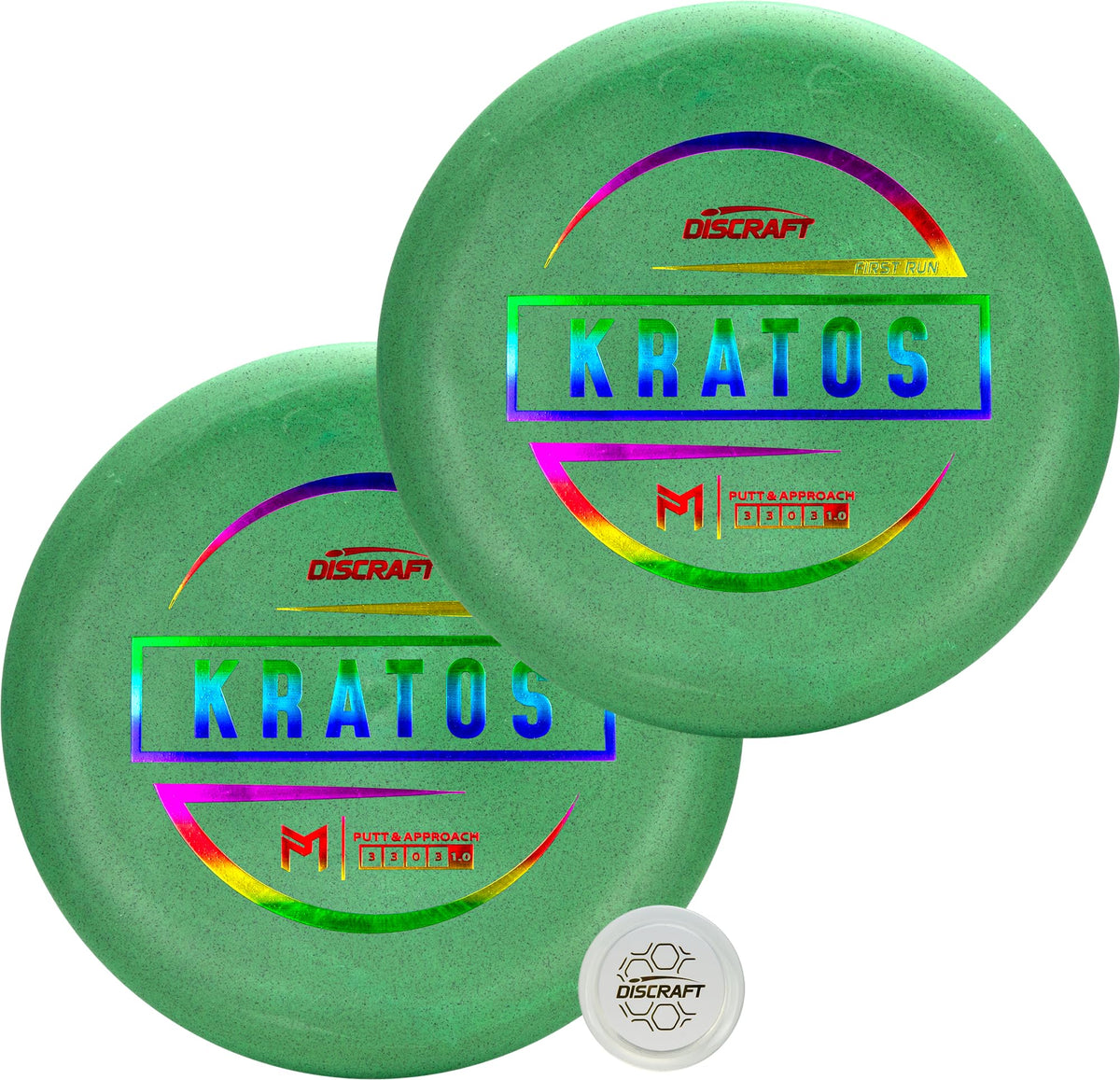 Discraft Paul McBeth Kratos putter front view with matching foil for precise putting