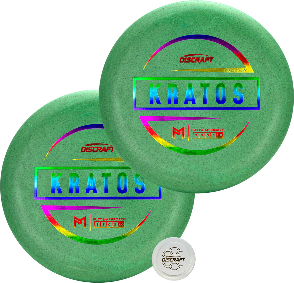 Discraft Paul McBeth Kratos putter front view with matching foil for precise putting