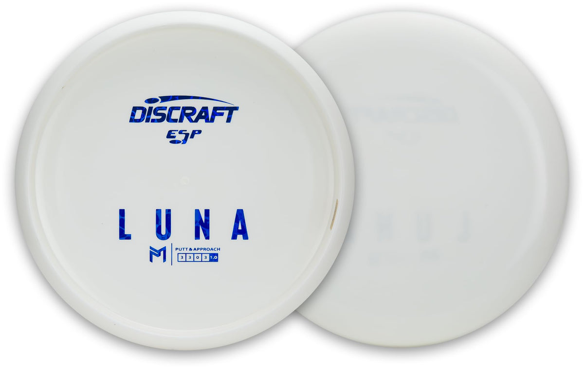 Discraft Paul McBeth White ESP Luna with bottom stamp, ideal for personalized dye designs.