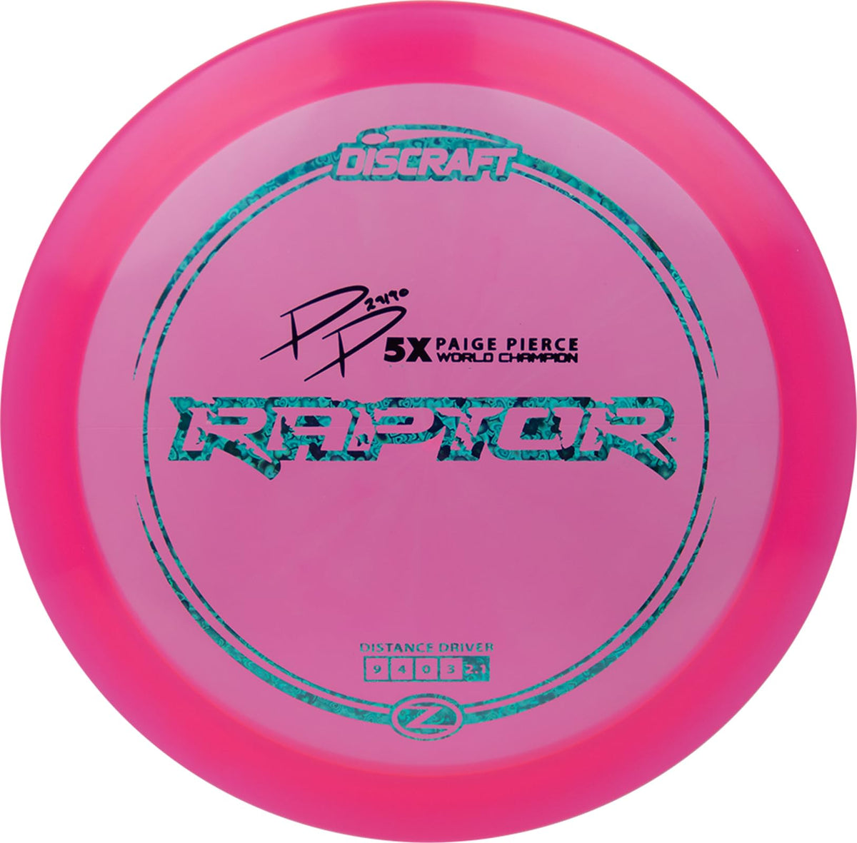 Discraft Z Raptor Paige Pierce Signature distance driver front view, ideal for accurate forehand and backhand throws
