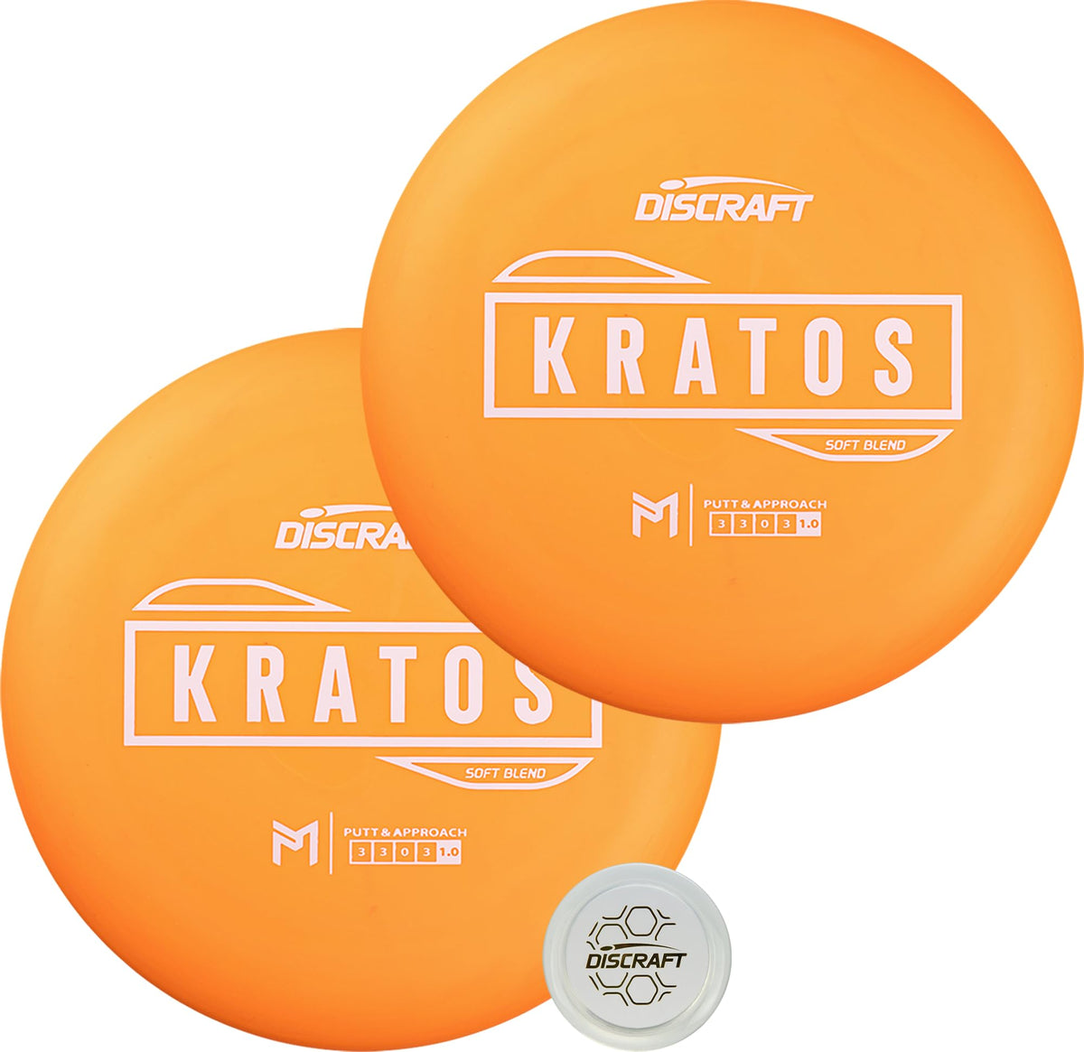 Discraft Soft Kratos orange putter held for reliable putting and feel