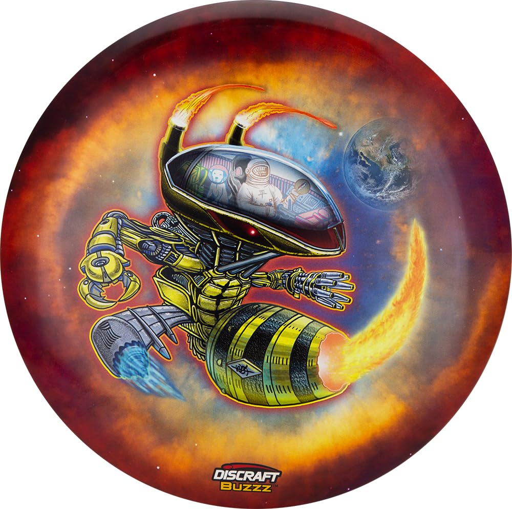 Discraft Buzzz midrange in fiery art, ideal for straight flights and reliable approaches.