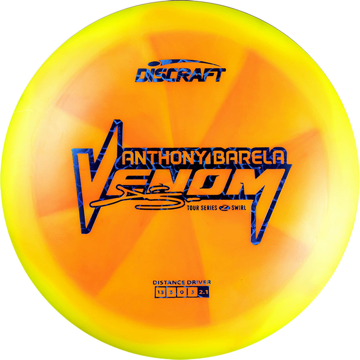 Discraft Venom Z Swirl Tour Disc, front view, great for long hyzers and power throws.