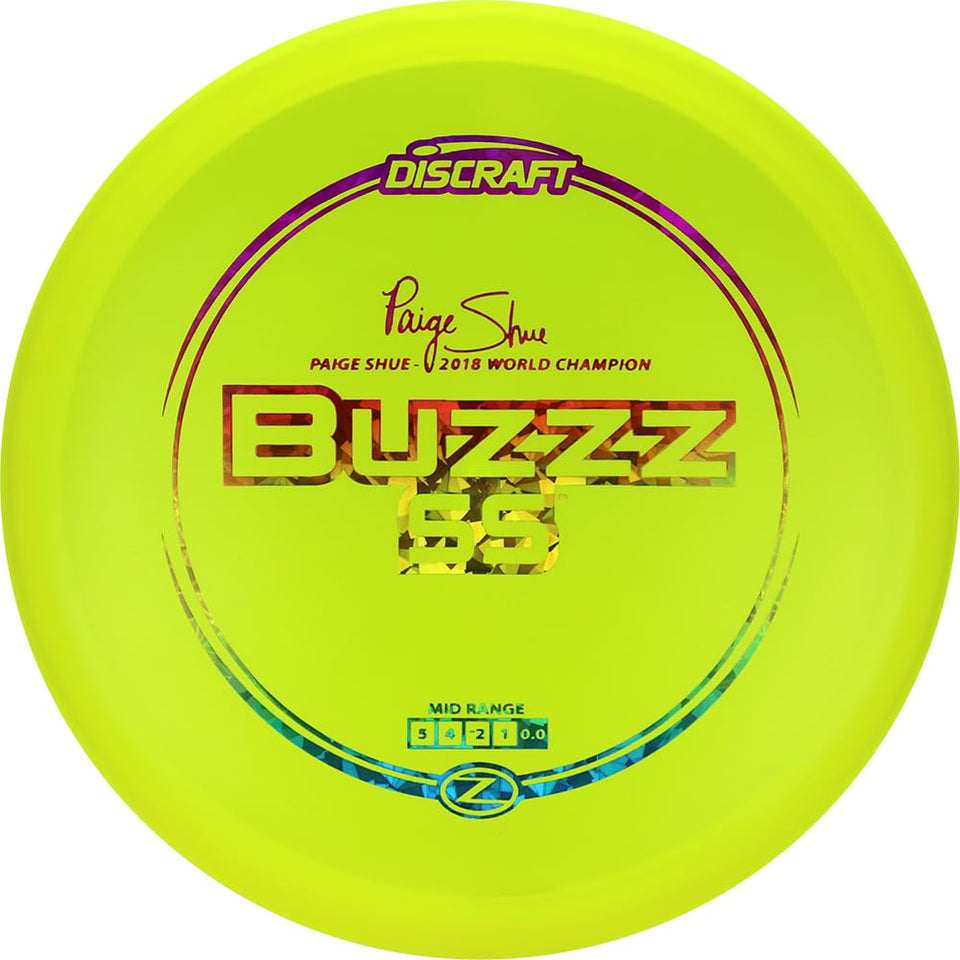Discraft Z Buzzz SS Paige Shue midrange in hand with grippy feel for precision approaches.