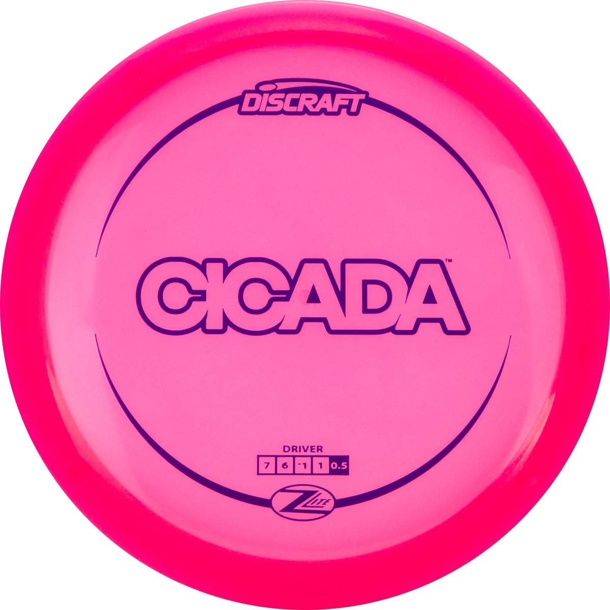 Discraft Z Lite Cicada driver, back view, extended glide for straight to hyzer shots.