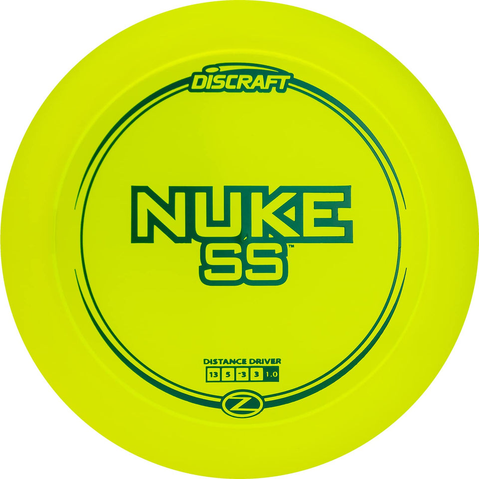 Discraft Z Nuke SS distance driver in flight, ideal for beginners seeking easier turnover.