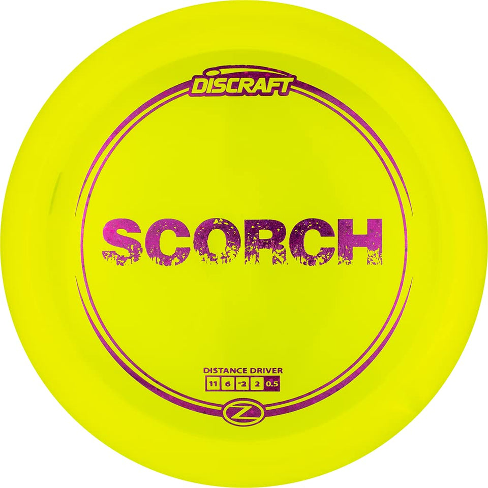 Discraft Z Scorch 170-172 driver in flight, offering stable distance and a reliable fade.