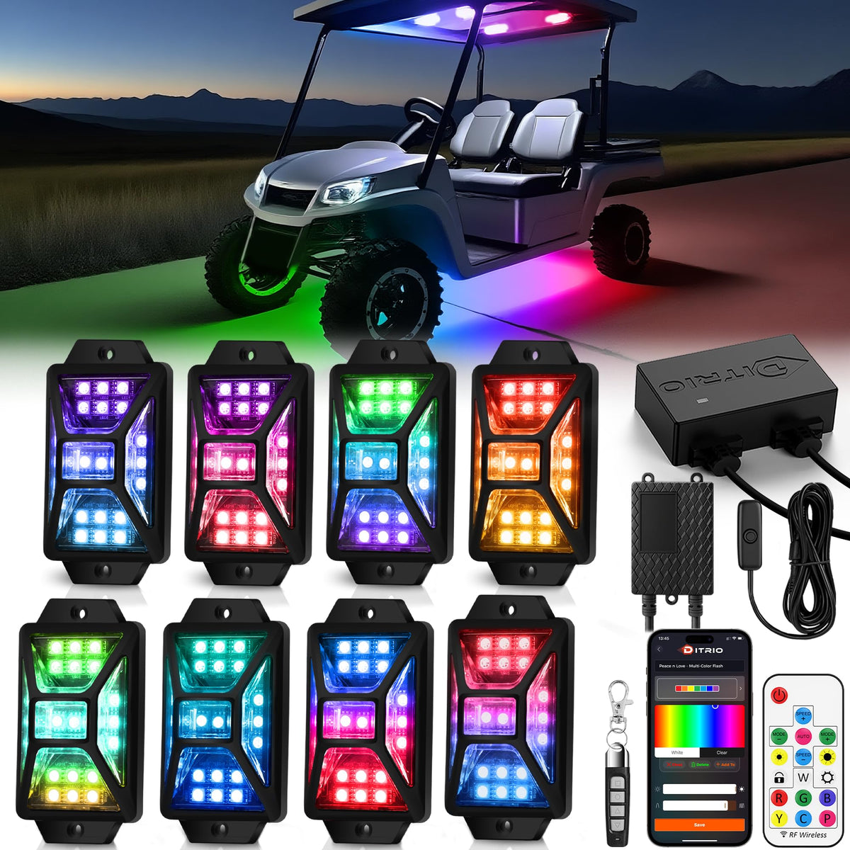 DITRIO underglow LED strips mounted on golf cart for vivid mood lighting.
