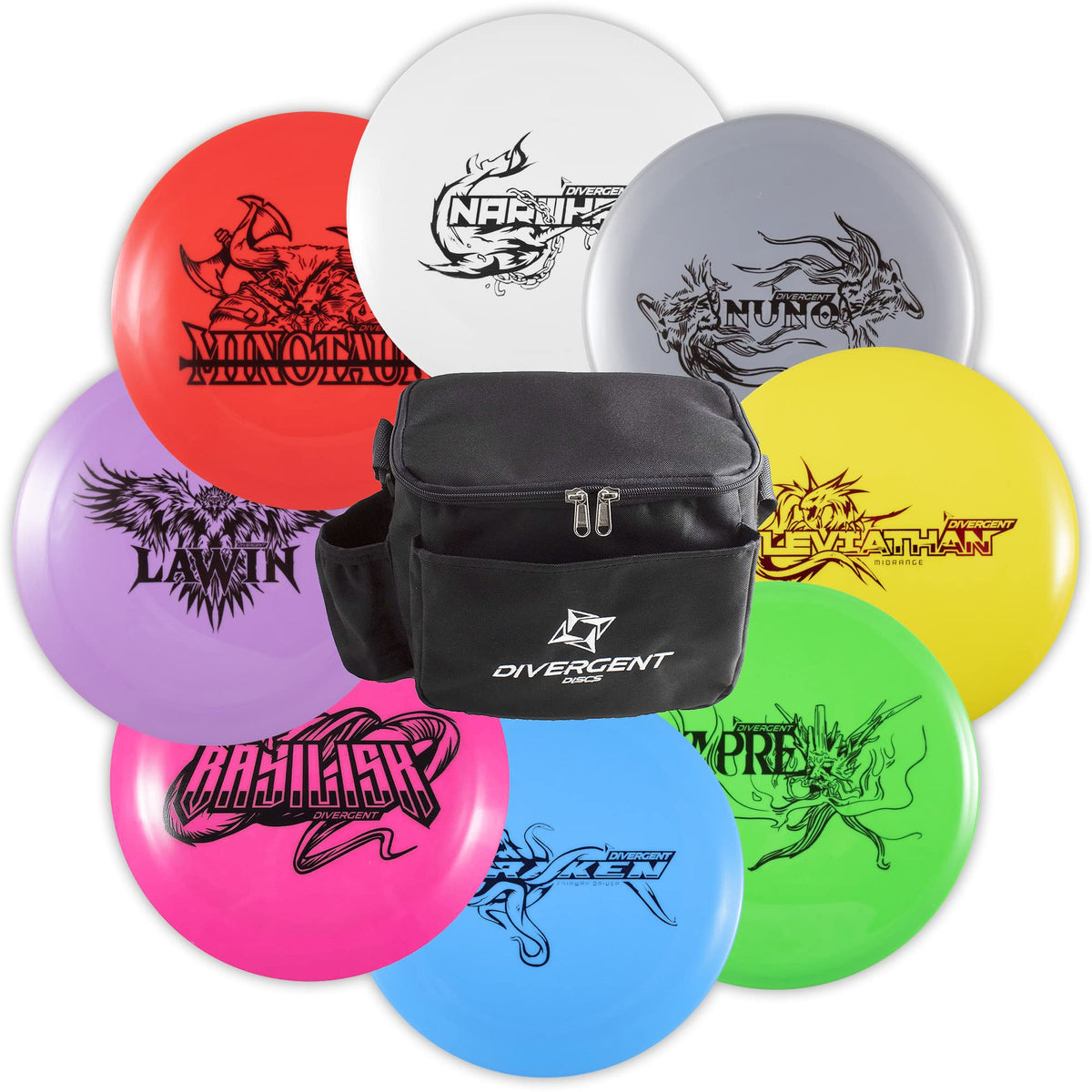 Divergent Discs 8-Disc Beginner Set with Bag, ideal starter gear for new players.