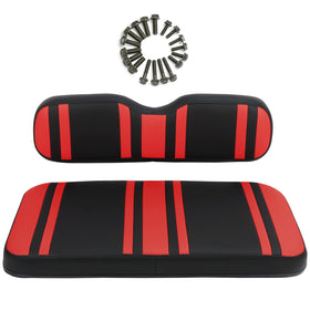 DIYOLFALL EZGO TXT red and black seat cushions with water-repellent finish.