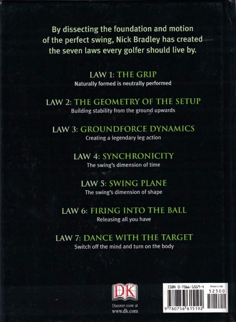 DK The 7 Laws of the Golf Swing inside pages illustrating step-by-step technique for powerful swings.