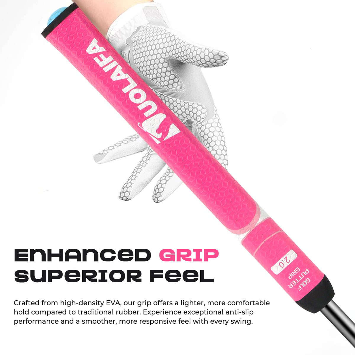 DMYTRSTDE golf putter grip close-up shows soft, cushioned contact