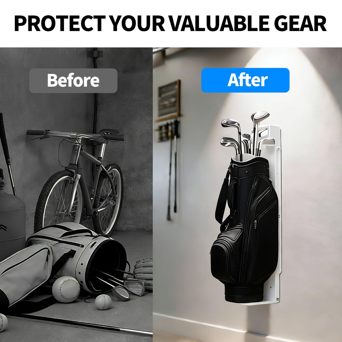 Space-saving golf storage solution for garages, closets, or RVs.