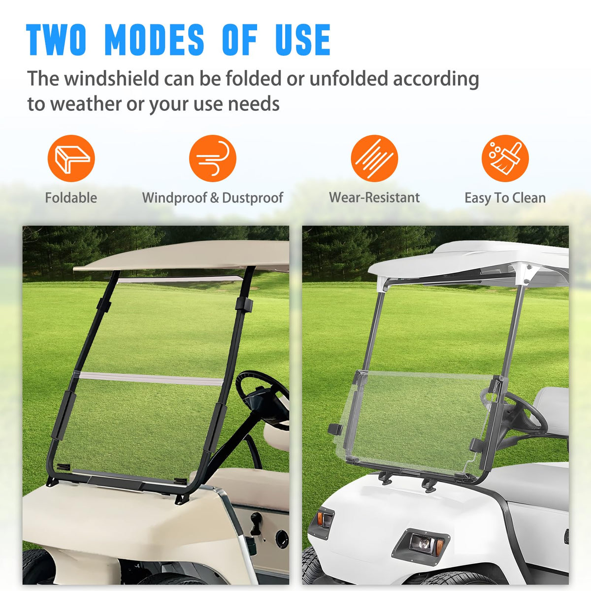 Dollate windshield installation options include full-screen or folded setups for wind or airflow.