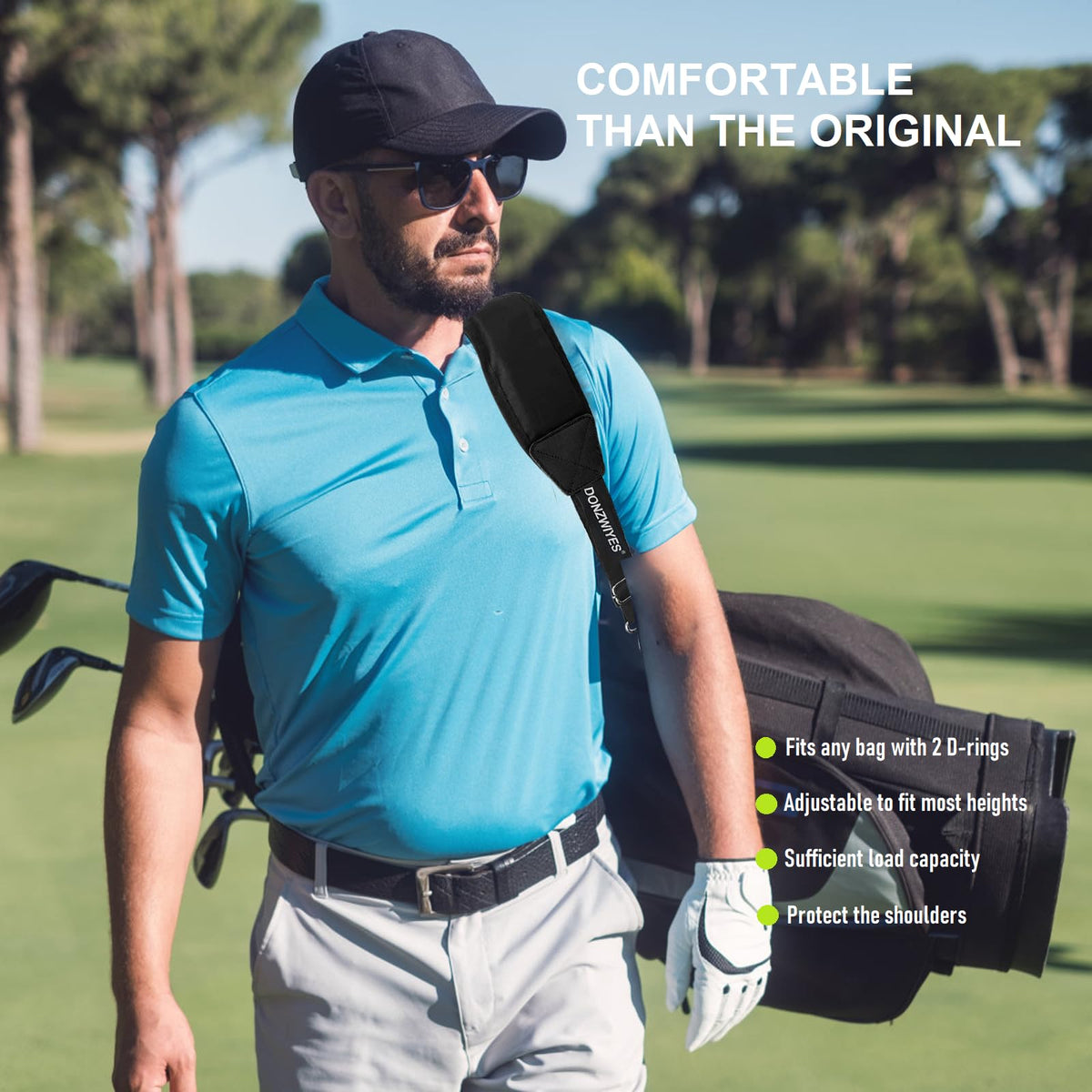 DONZWIYES golf bag strap with 360-degree hooks enables easy replacement.