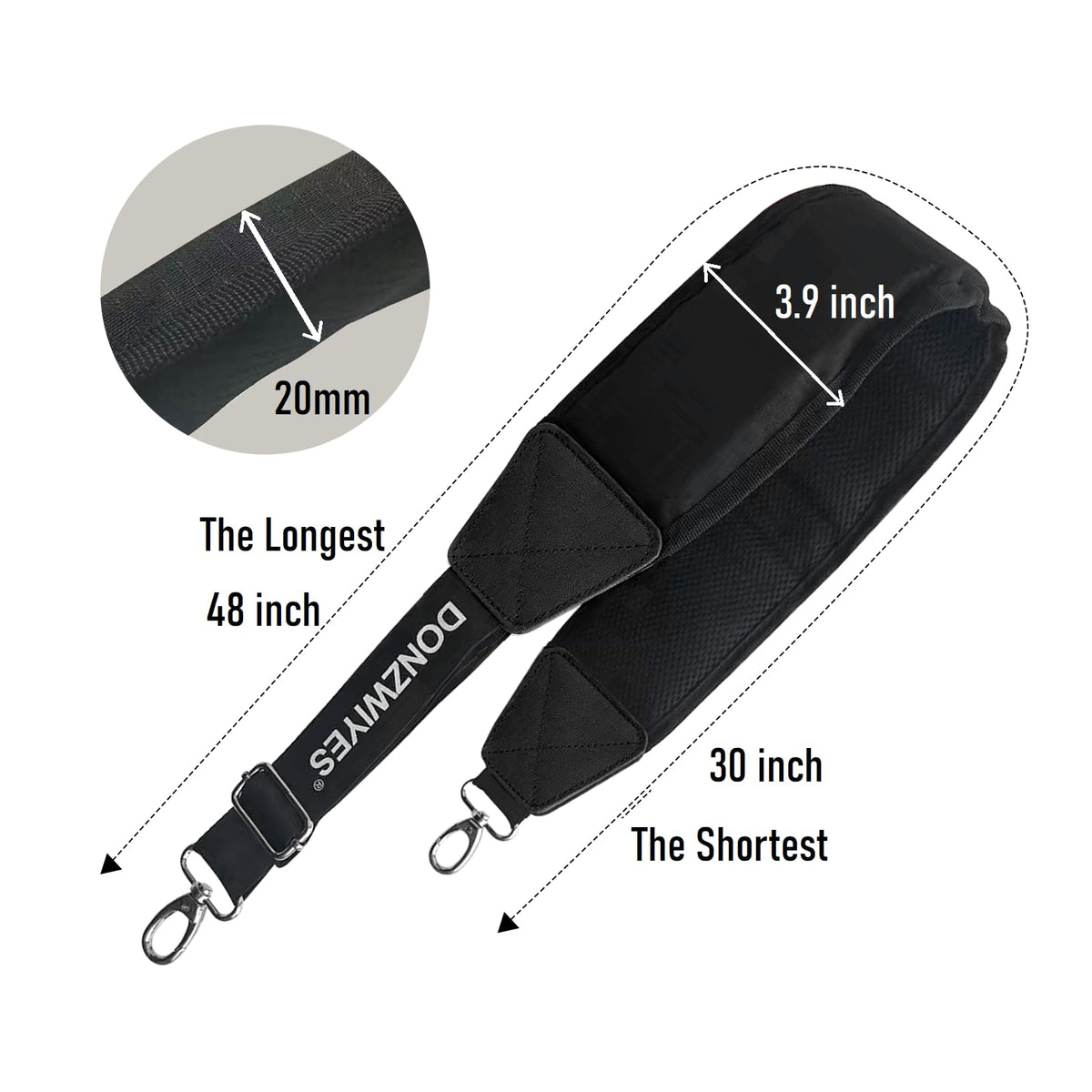 DONZWIYES strap-in-use demonstrates universal compatibility with various bags.