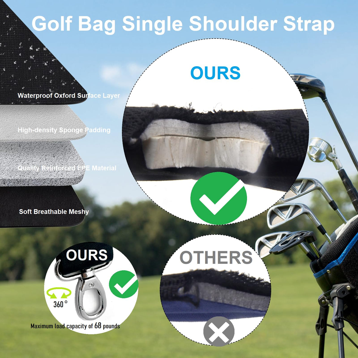 DONZWIYES golf bag strap side view highlights ergonomic padding for comfort.
