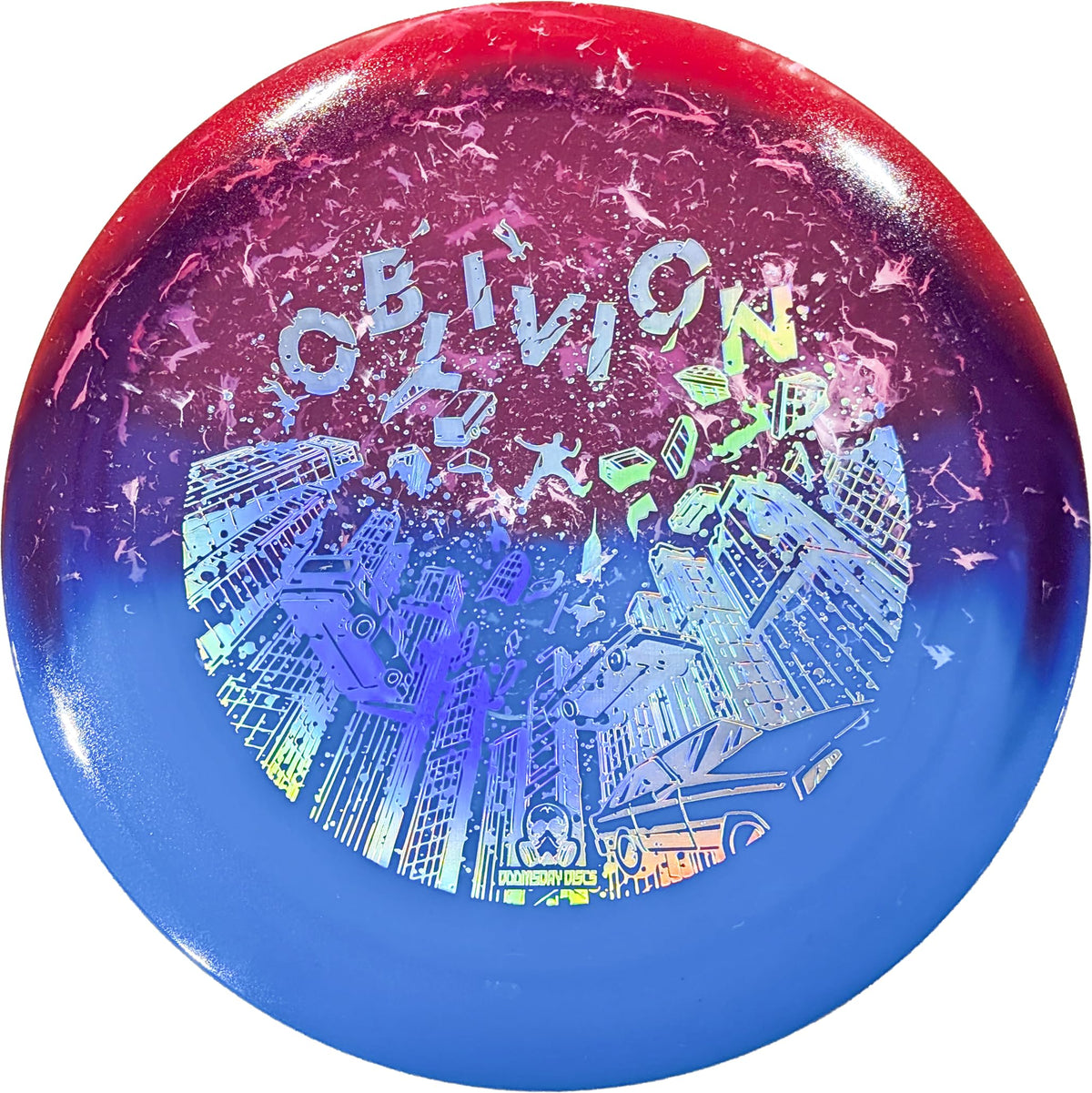 Doomsday Discs Oblivion distance driver in blue and red for long-range power with a predictable end fade.