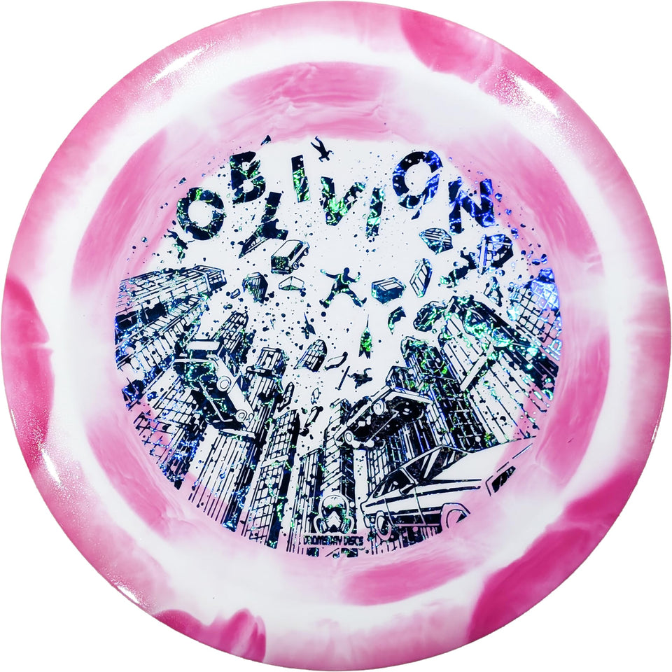 DOOMSDAY DISCS Oblivion distance driver in pink and white for long-range throws with fade.