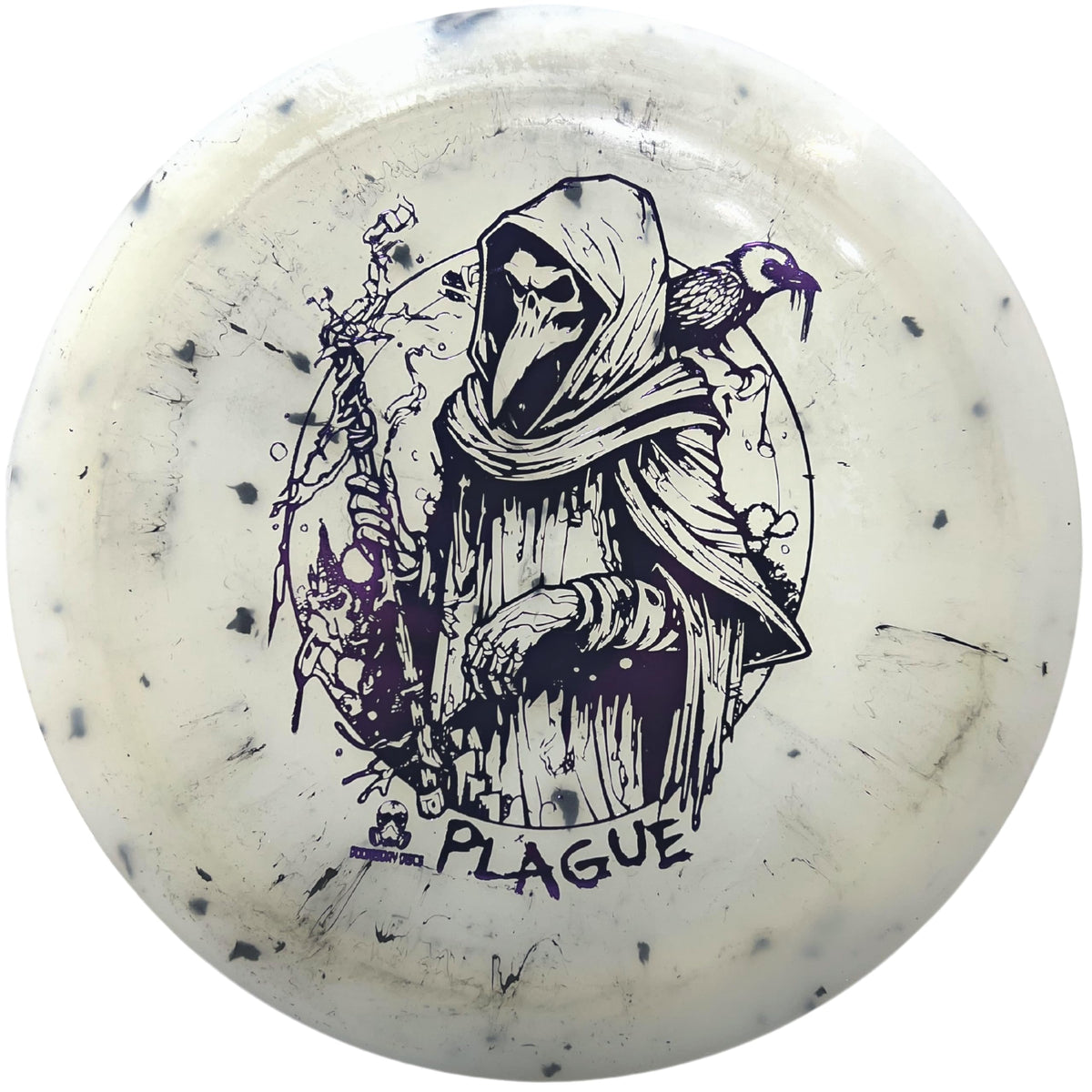 DOOMSDAY DISCS Plague Distance Driver in glow plastic for long-range, night-friendly flights.