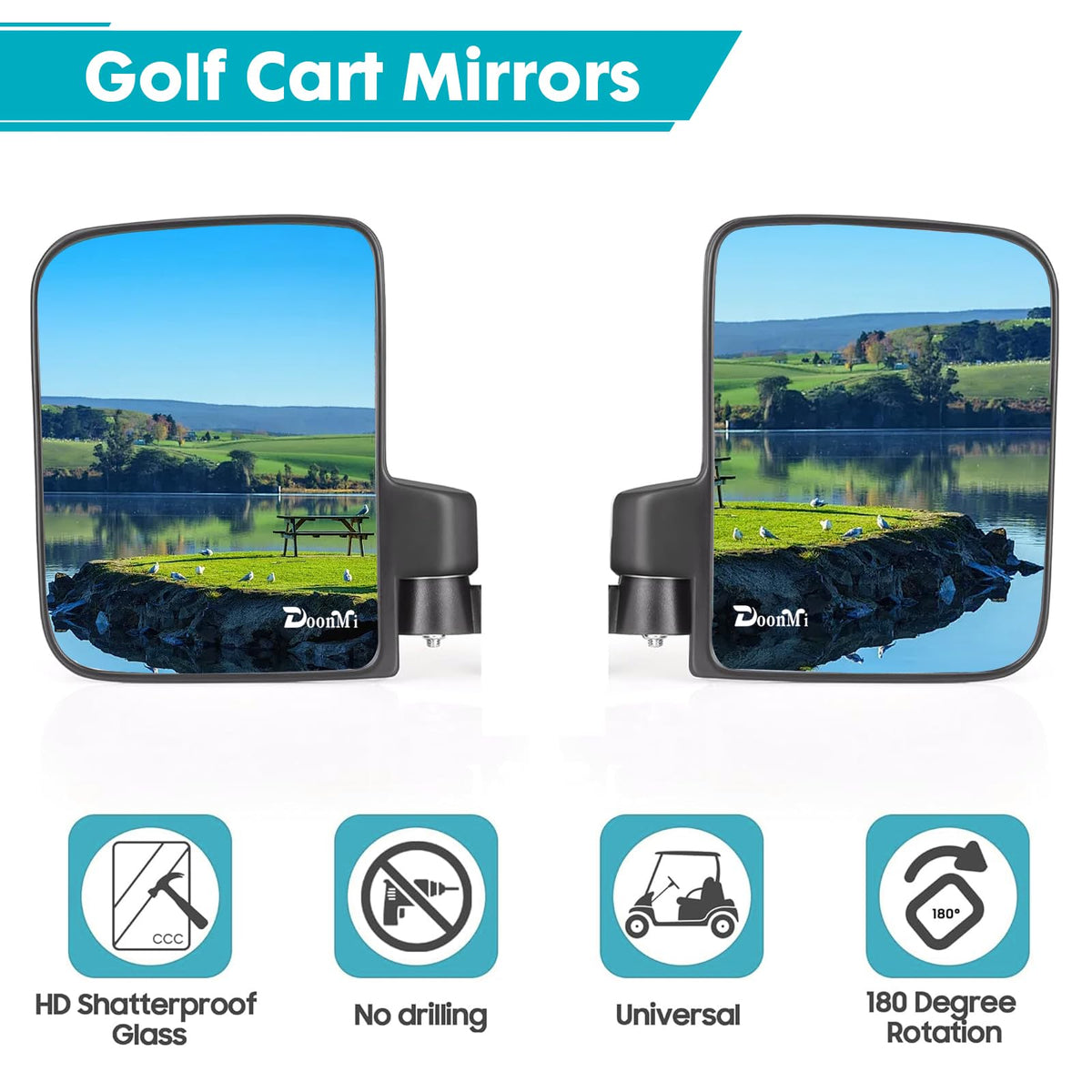 DoonMi 180-degree HD glass golf cart mirror for wide rear visibility