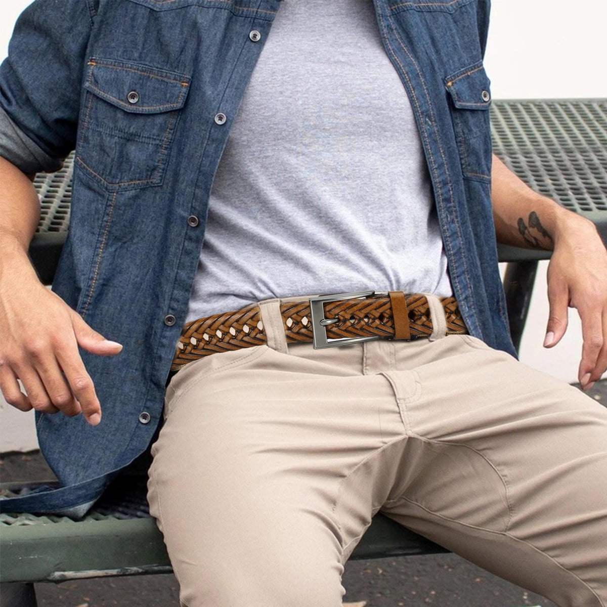 DOOPAI belt shown with golf and jeans; refined, comfortable styling.