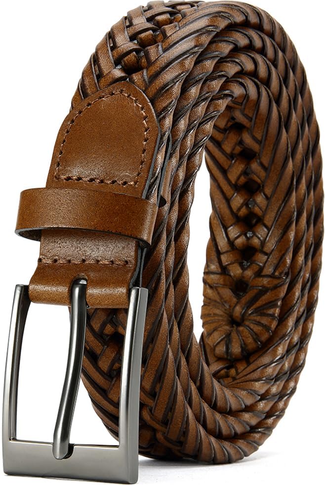 DOOPAI men's braided leather belt buckle close-up; adjustable with comfortable fit.