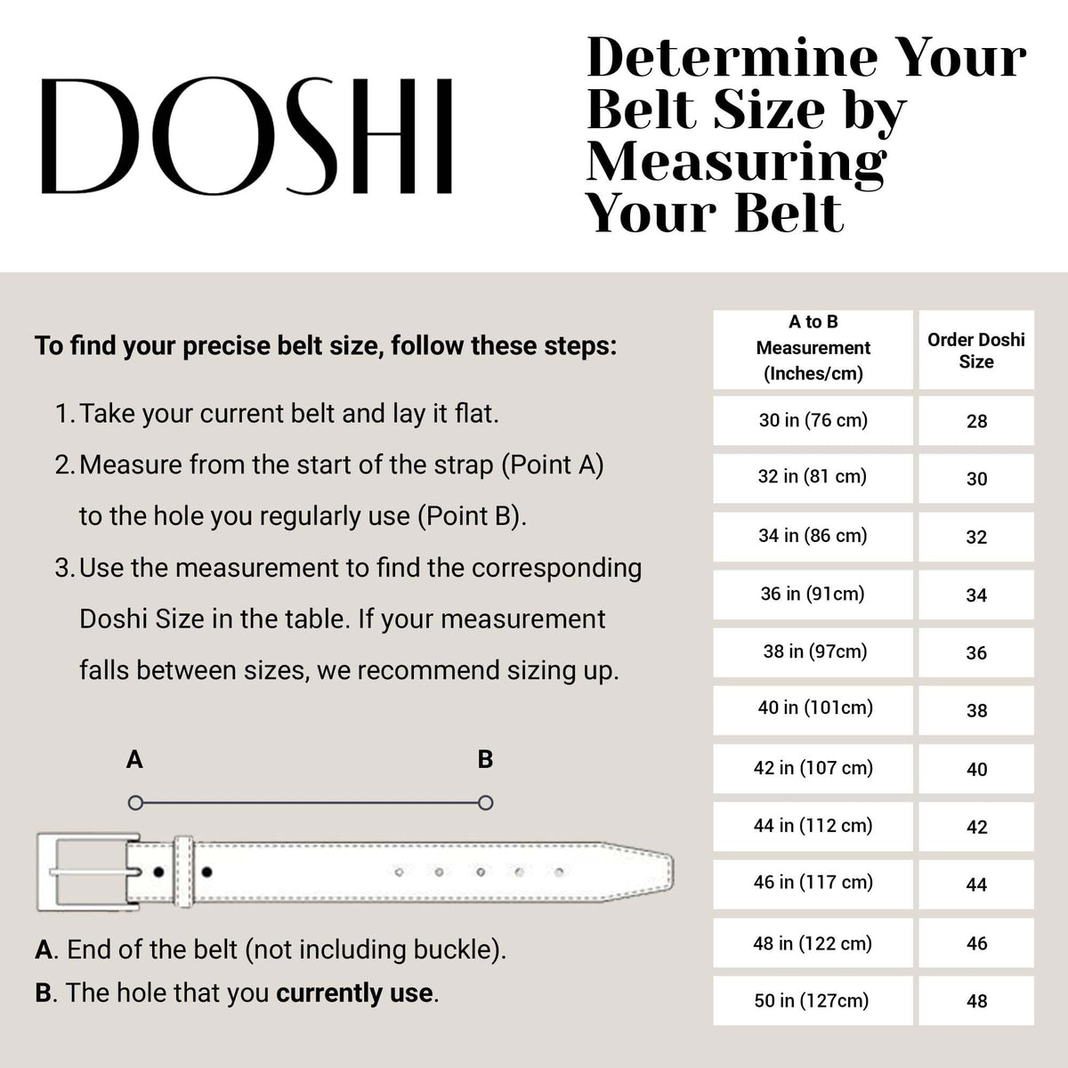 DOSHI belt shows one-and-a-half-inch width for balanced fit.