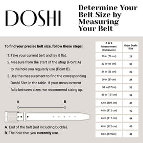 DOSHI belt shows one-and-a-half-inch width for balanced fit.