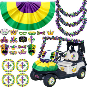 DoubleFill Mardi Gras burlap flag decor adds festive curb appeal to your golf cart.