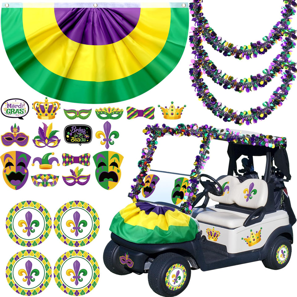 DoubleFill Mardi Gras burlap flag decor adds festive curb appeal to your golf cart.