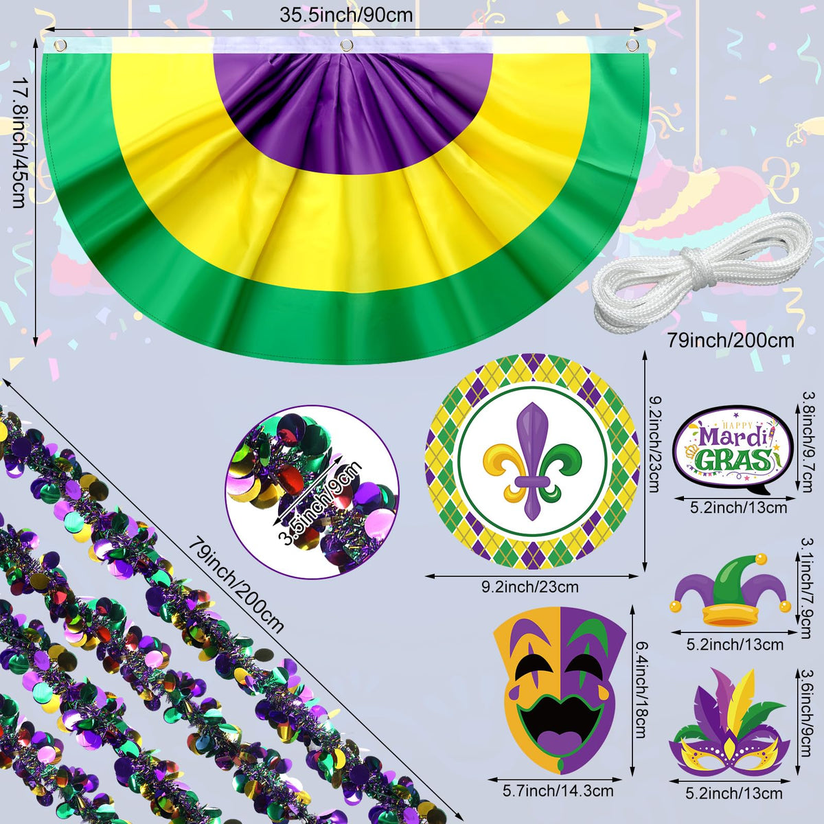 DoubleFill Mardi Gras tinsel garland adds sparkling color along the cart.