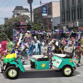 DoubleFill Mardi Gras decorations brighten windows and doors for indoor celebrations.