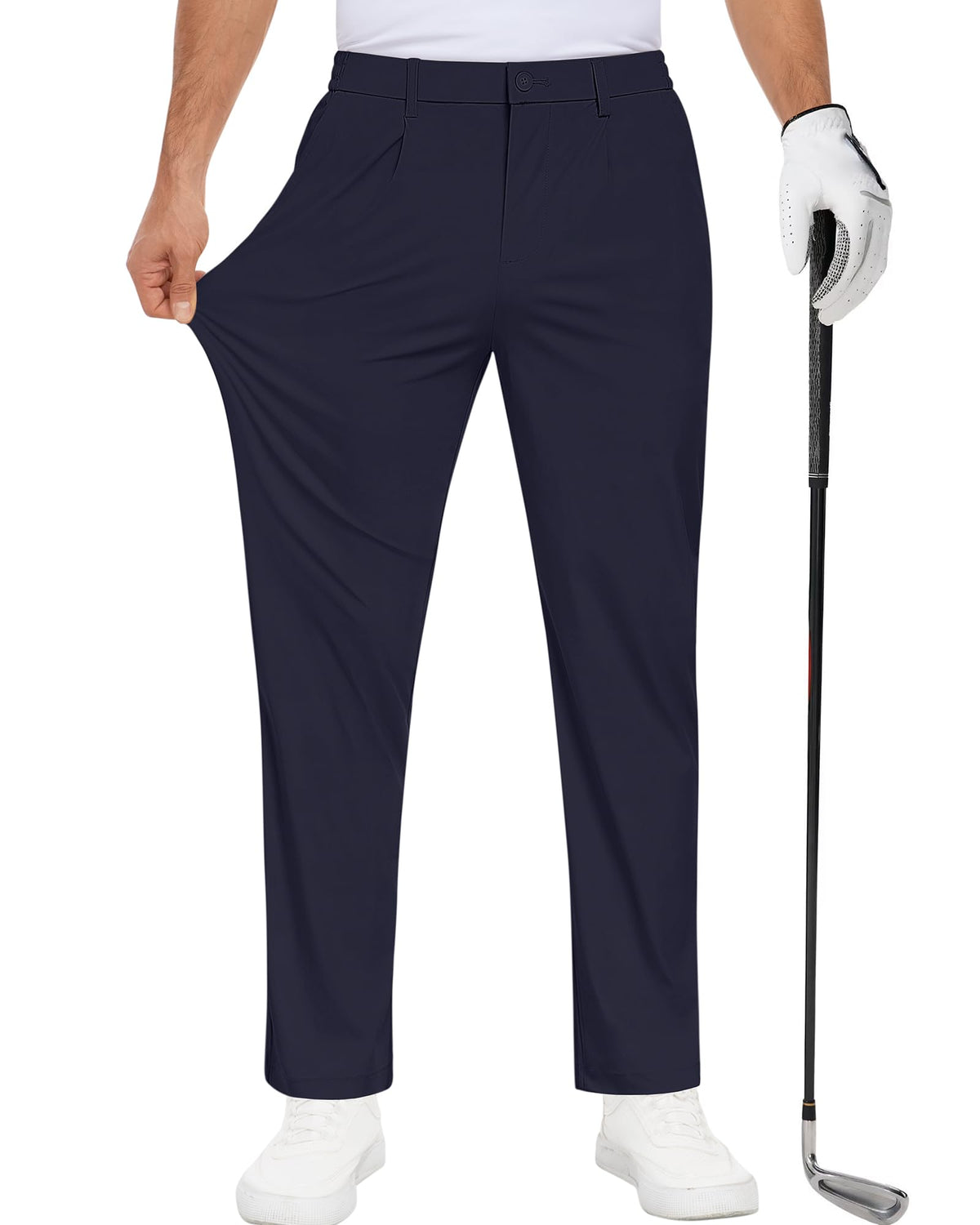 DOWMQ golf pants showing a five-pocket layout for secure storage during play.