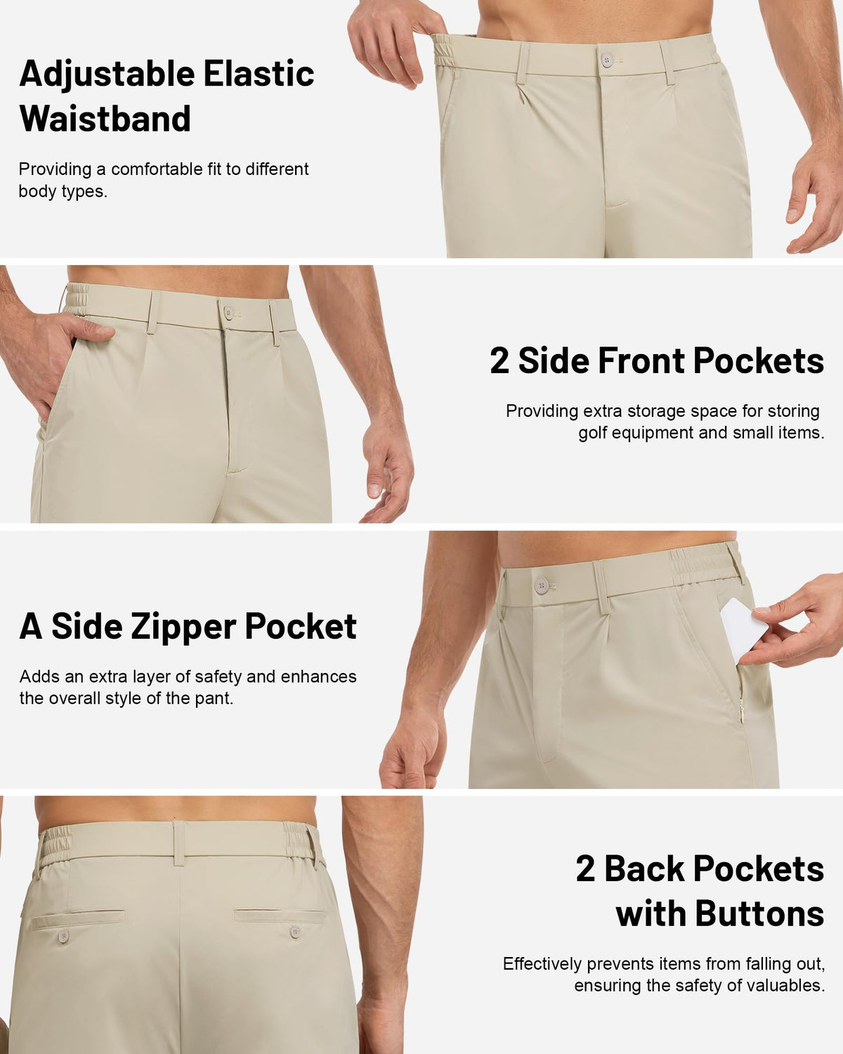 DOWMQ golf pants showing secure storage with five pockets on the garment.