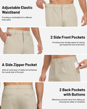DOWMQ golf pants showing secure storage with five pockets on the garment.