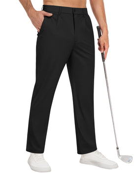 DOWMQ men's golf pants front view showing stretch fabric and relaxed fit.