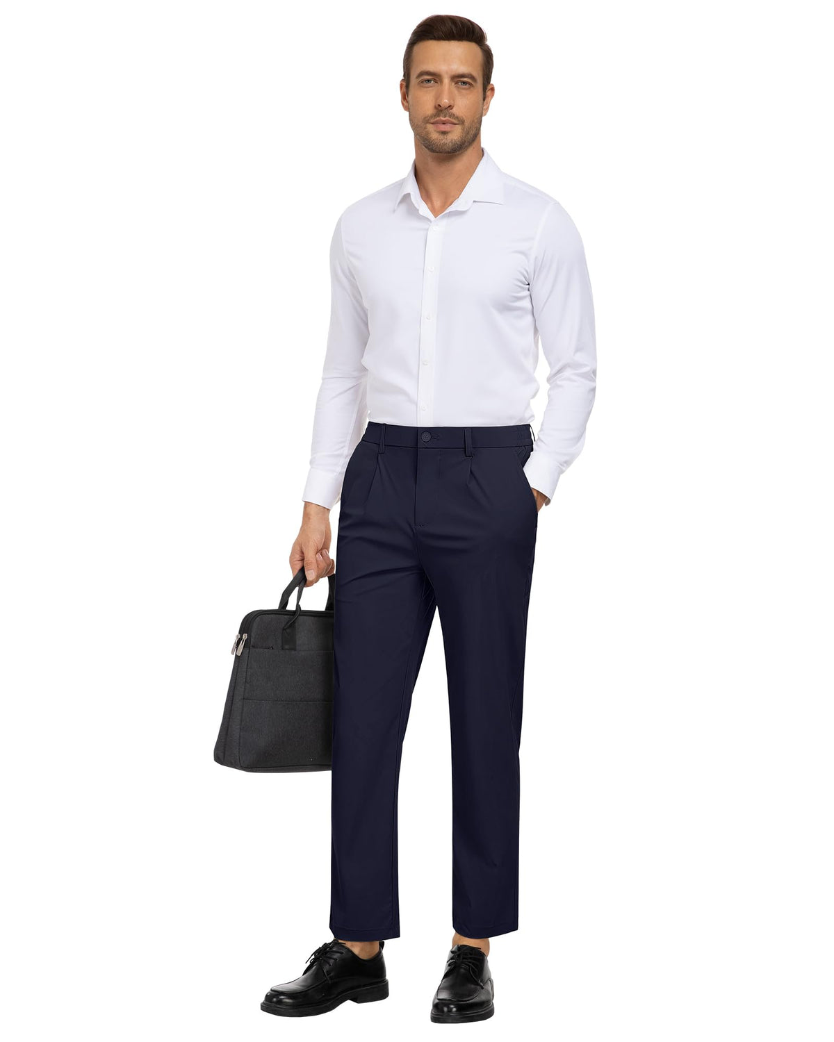 DOWMQ men's golf pants navy quick-dry fabric in action on a sunny round.