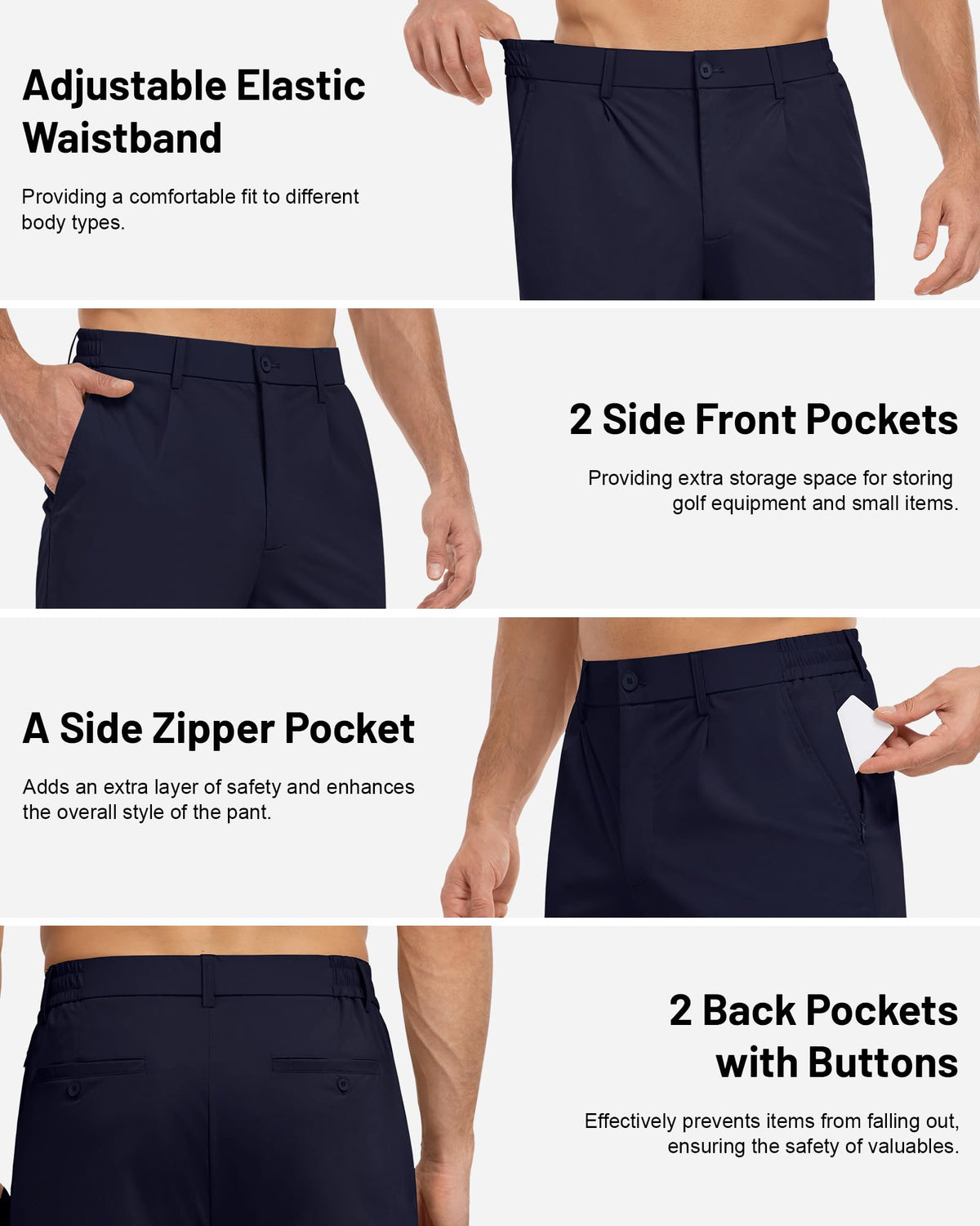 DOWMQ men's golf pants navy waistband-drawstring close-up for adjustable comfort.
