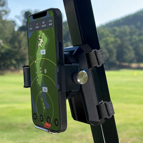 Dprofy golf phone holder on round frame cart shows secure grip and quick access