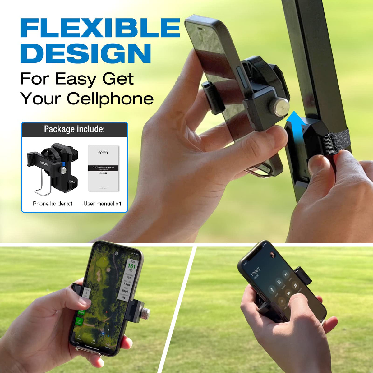 Dprofy golf cart holder attached to rectangular frame demonstrates strap attachment