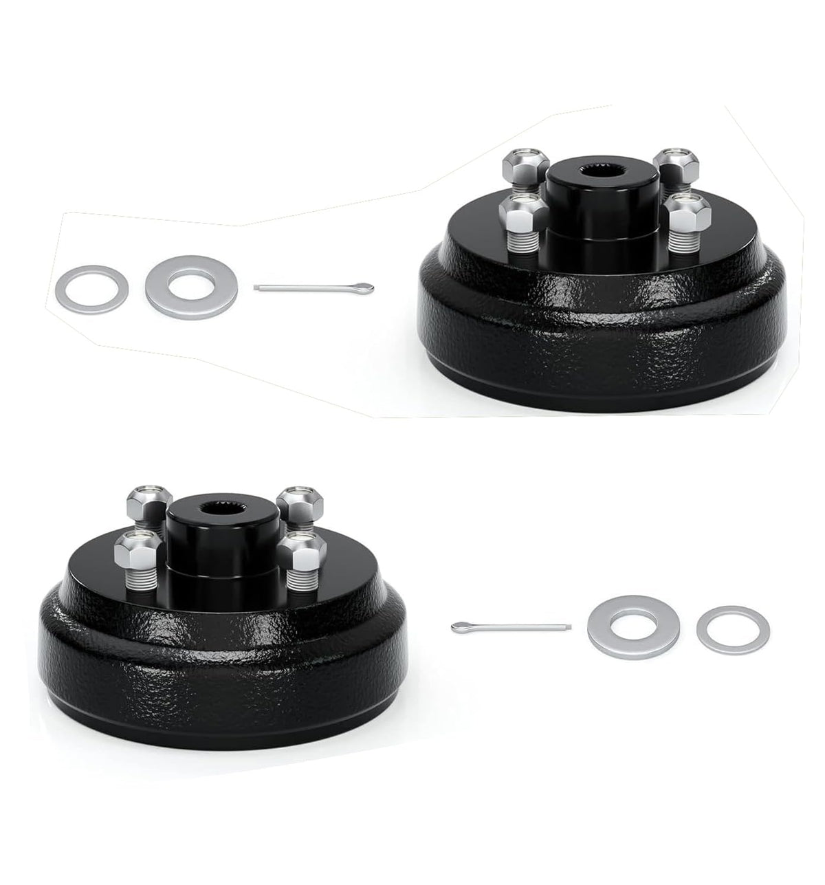 Dr.Acces brake drum hub package, side view with nuts and washers included