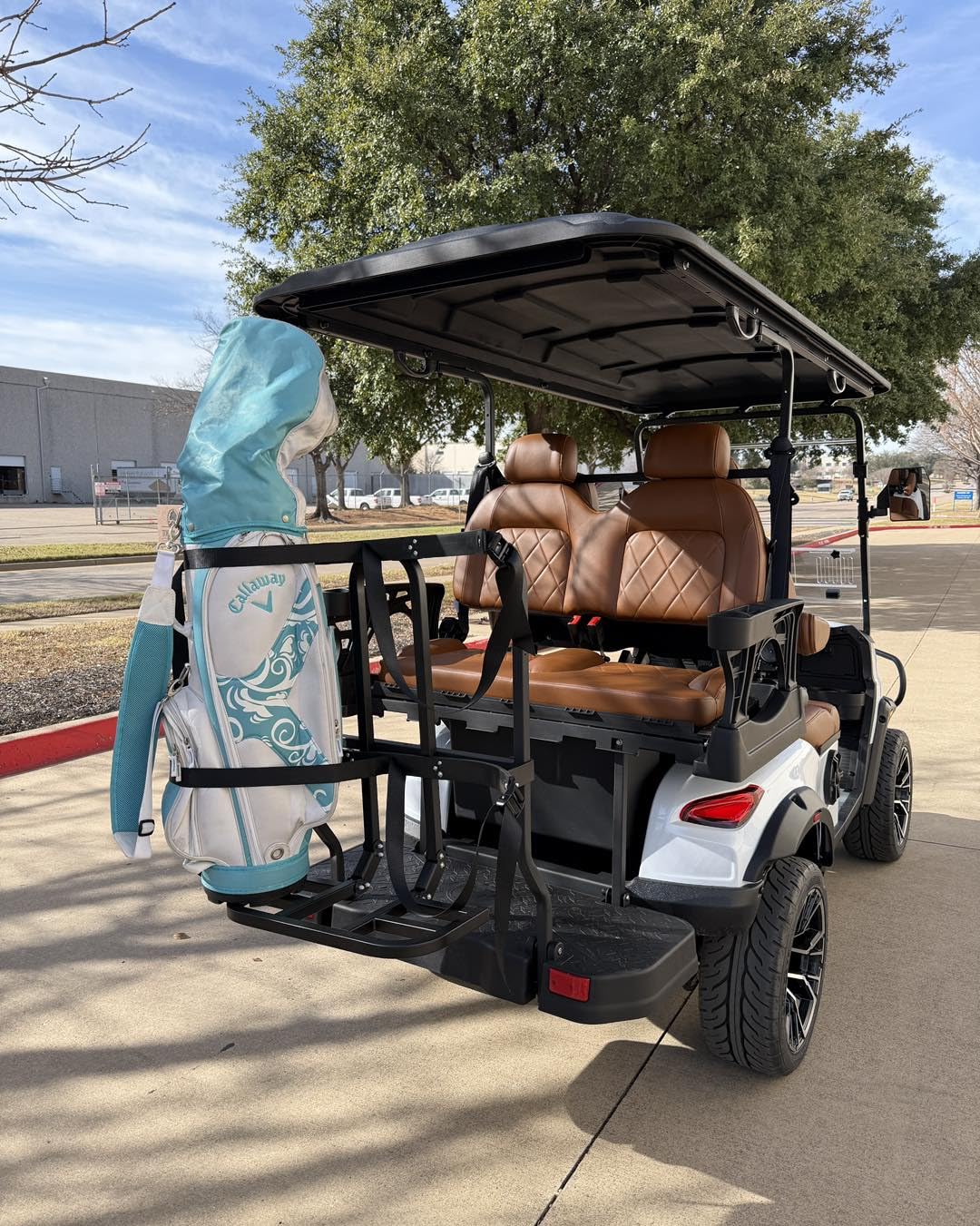 Dr. Gooliu bag holder installed on EZGO cart demonstrating quick fit