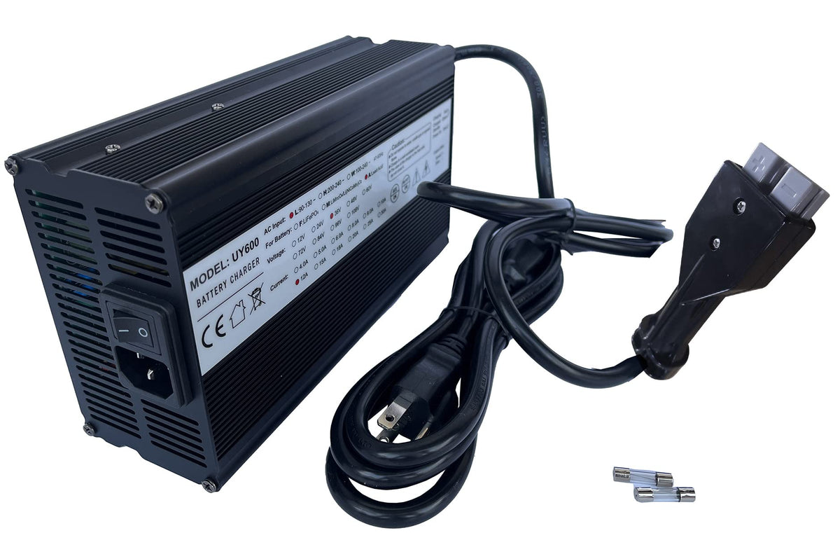 Dr.Acces 36V 12A EZGO Marathon charger front view with durable aluminum housing.