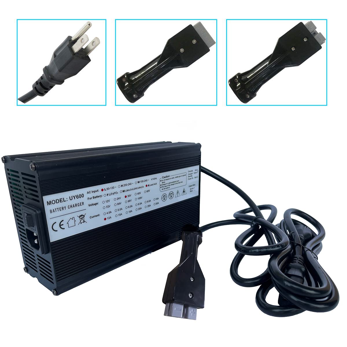 Dr.Acces 36V 12A charger side view highlighting rugged housing.