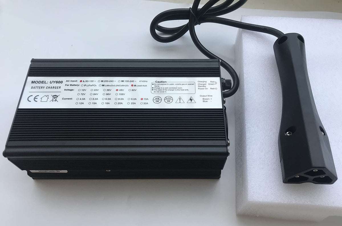 Dr.Acces 48V 10A charger; compact design fits neatly in a garage or cart area.
